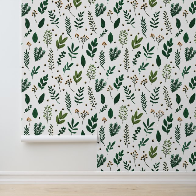 Grüne Blätter und Blume in Weiß Tapete (Anwendung)