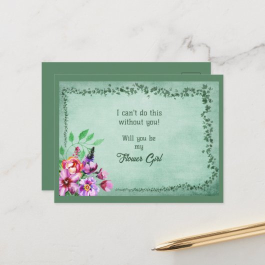 Grüne Blätter und Blumenblütenmädchen Ankündigungspostkarte (Vorderseite/Rückseite Beispiel)