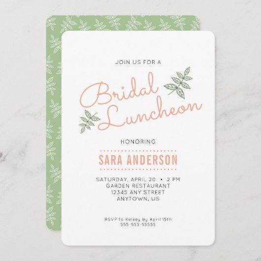 Grüne Blätter und Coral Bridal Luncheon Einladung (Vorne/Hinten)