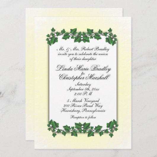 Grüne Blätter und Einladung zur Hochzeit von gelbe (Vorne/Hinten)