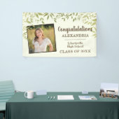 Grüne Blätter und Foto Abschluss Willkommen Banner (Messeveranstaltung)