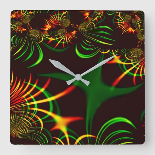 Grüne Blätter und gelbe, feuergefärbte Kurven Quadratische Wanduhr (Vorderseite)