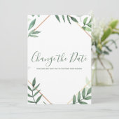 Grüne Blätter und Goldgrenzen ändern die Datumskar Save The Date (Stehend Vorderseite)