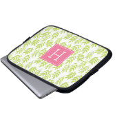Grüne Blätter und rosa Monogramm Laptopschutzhülle (Vorne Knopf)