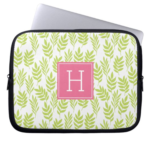 Grüne Blätter und rosa Monogramm Laptopschutzhülle (Vorderseite)