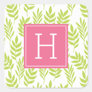 Grüne Blätter und rosa Monogramm Quadratischer Aufkleber