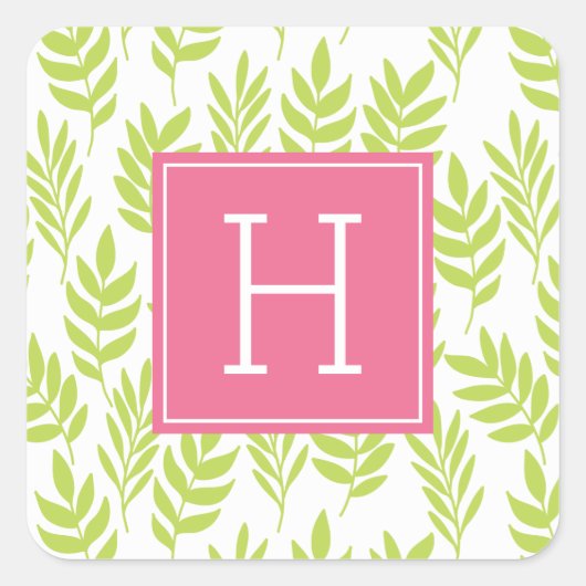 Grüne Blätter und rosa Monogramm Quadratischer Aufkleber (Vorderseite)