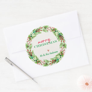 Grüne Blätter und rote florale Weihnachtsgirlande Runder Aufkleber