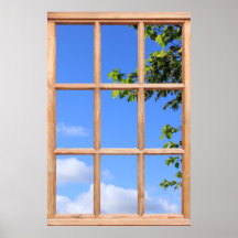 Grüne Blätter und Sommerhimmel Blick aus einem Fen