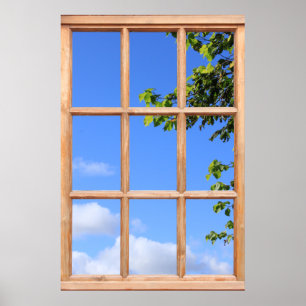 Grüne Blätter und Sommerhimmel Blick aus einem Fen Poster