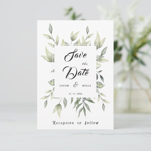 Grüne Blätter und Verzweigungen Wasserfarbe Save The Date (Stehend Vorderseite)