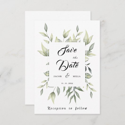 Grüne Blätter und Verzweigungen Wasserfarbe Save The Date (Vorne/Hinten)