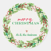 Grüne Blätter und Weihnachtskranz in Rot-Blumen Runder Aufkleber (Vorderseite)