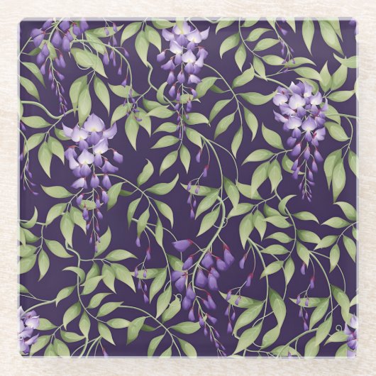 Grüne Blätter und Wisteria-Blumenmuster Glasuntersetzer (Vorderseite)