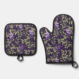 Grüne Blätter und Wisteria-Blumenmuster Ofenhandschuh & Topflappen-Set