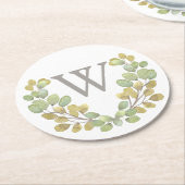 Grüne Blätter Vereinfachung Mit Monogramm Papiere  Runder Pappuntersetzer (Angewinkelt)