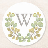 Grüne Blätter Vereinfachung Mit Monogramm Papiere  Runder Pappuntersetzer (Vorderseite)