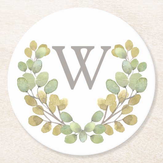 Grüne Blätter Vereinfachung Mit Monogramm Papiere  Runder Pappuntersetzer (Vorderseite)