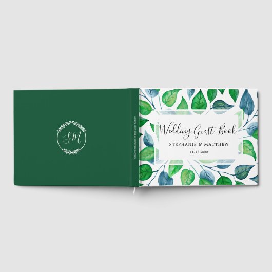 Grüne Blätter Wasserfarbe gestrichen Hochzeit Gästebuch (Voll)