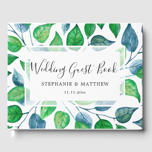 Grüne Blätter Wasserfarbe gestrichen Hochzeit Gästebuch (Vorderseite)