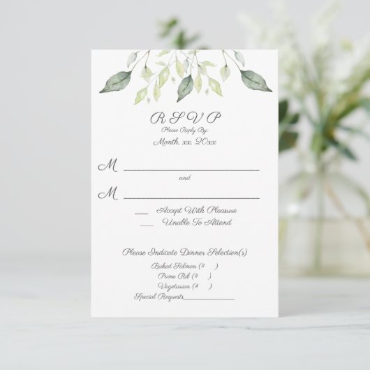 Grüne Blätter Wasserfarbe Hochzeit RSVP Karte (Stehend Vorderseite)
