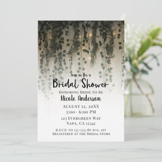 Grüne Blätter Weiße Lichter Rustikales Brautparty Einladung (Stehend Vorderseite)