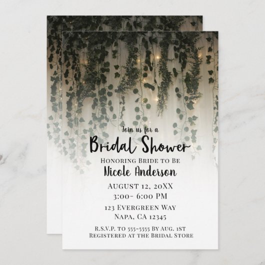 Grüne Blätter Weiße Lichter Rustikales Brautparty Einladung (Vorne/Hinten)