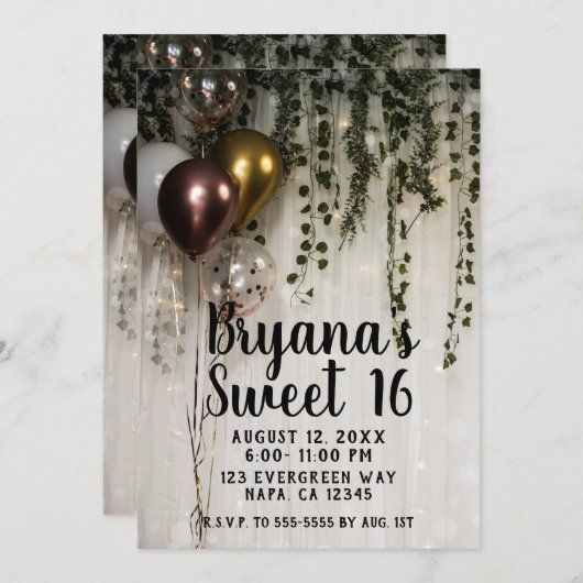 Grüne Blätter Weiße Lichter Rustikales Süß 16 Einladung (Vorne/Hinten)
