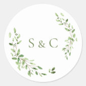 Grüne Blätter Wreath Monogram Wedding Runder Aufkleber (Vorderseite)