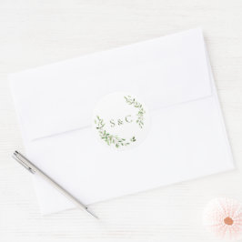 Grüne Blätter Wreath Monogram Wedding Runder Aufkleber
