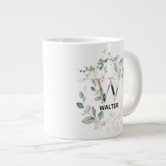 Grüne Blätter Wreath Monogramm Anfangsbuchstabe W Jumbo-Tasse (Vorderseite Rechts)