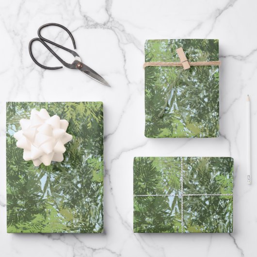 Grüne Blätterbäume mit blauem Himmel, die durch Ku Geschenkpapier Set (Vorderseite)