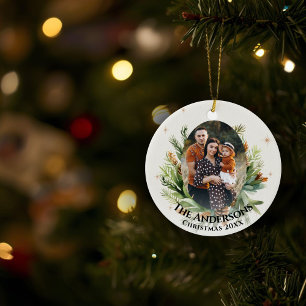 Grüne Blattfamilien-Foto Frohe Weihnachten Keramik Ornament