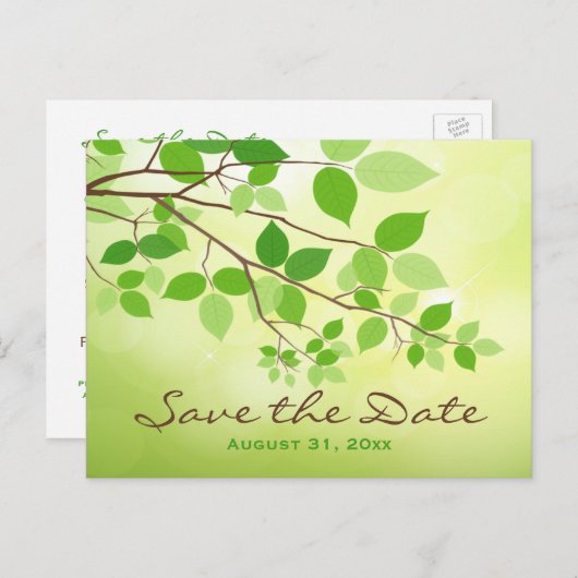 Grüne Blattzweige Save the Date Postkarte (Vorne/Hinten)
