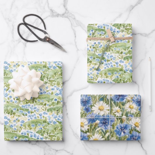Grüne Blaue Blumen Geburtstag Geschenkpapier Set (Vorderseite)