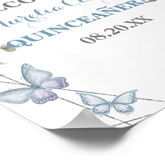 Grüne blaue Flora Schmetterlinge 16. Quinceañera Poster (Ecke)