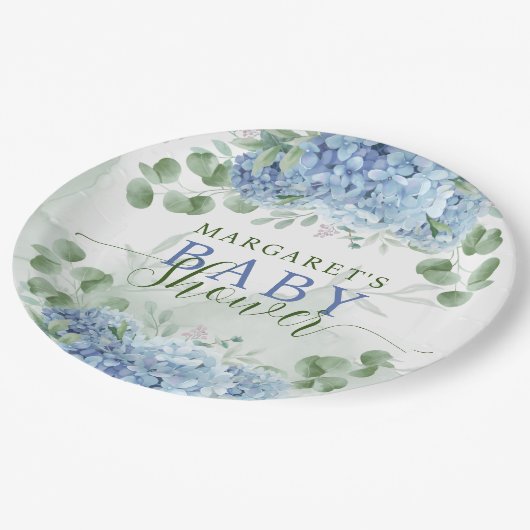 Grüne blaue Hydrangea Die Junge Baby-Dusche Pappteller (Schrägansicht)
