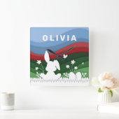 Grüne, blaue Wellen Osterhasen und Eier Quadratische Wanduhr (Zuhause)