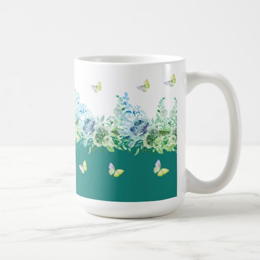 Grüne Blaugrüne Schmetterlinge Blumen-Tasse Kaffeetasse (Rechts)