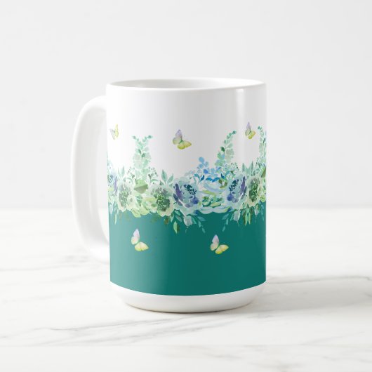 Grüne Blaugrüne Schmetterlinge Blumen-Tasse Kaffeetasse (Vorderseite Links)