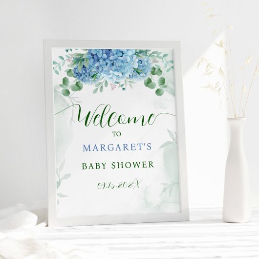 Grüne Blue Hydrangea Babydusche Begrüßungszeichen Poster