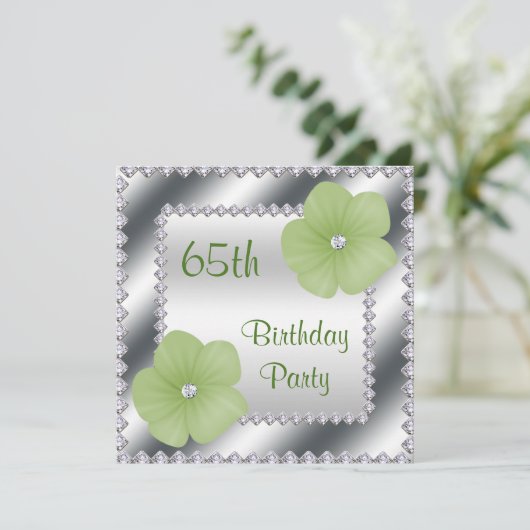 Grüne Blume & Diamanten 65. Geburtstag Einladung (Stehend Vorderseite)