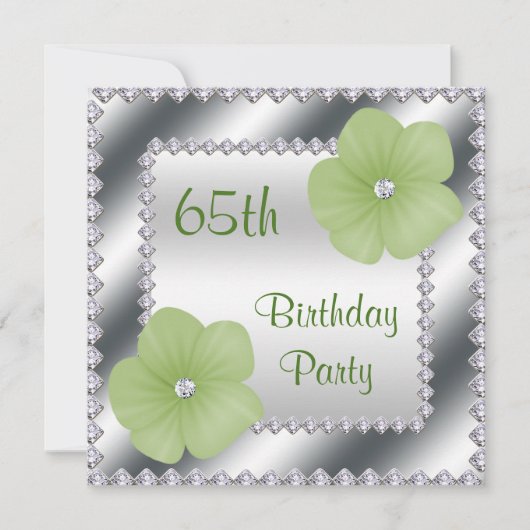 Grüne Blume & Diamanten 65. Geburtstag Einladung (Vorderseite)