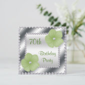 Grüne Blume & Diamanten 70. Geburtstag Einladung (Stehend Vorderseite)