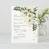 Grüne Blume in Weiß und Gold Einladung (Stehend Vorderseite)