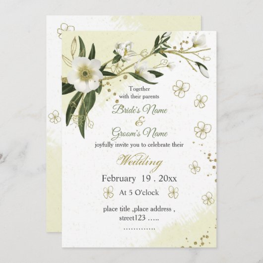 Grüne Blume in Weiß und Gold Einladung (Vorne/Hinten)