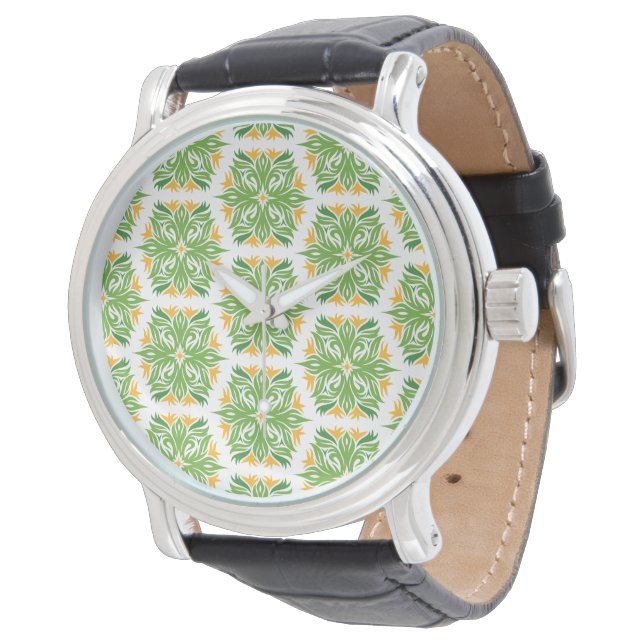 Grüne Blume, Muster von Blume, Blumenmuster Armbanduhr (Schrägansicht)