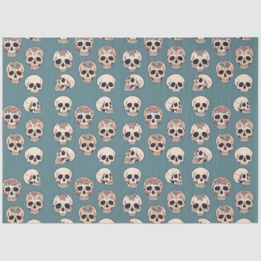 Grüne Blume Skulls animiert farbiges Halloween Seidenpapier (Vorderseite)