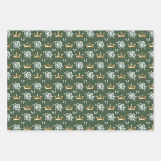 Grüne Blume und Goldkronen Geschenkpapier Set (Vorderseite 2)