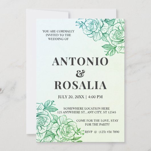 Grüne Blume Vintage Illustration Hochzeit Einladung (Vorderseite)